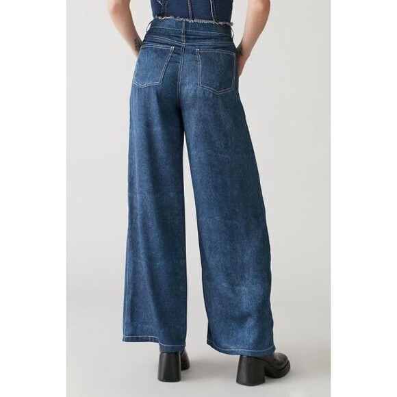 Urban Outfitters Lisa Satin Contrast-Stitch Wide Leg Pant in Blue Size US 0 - Picture 7 of 7